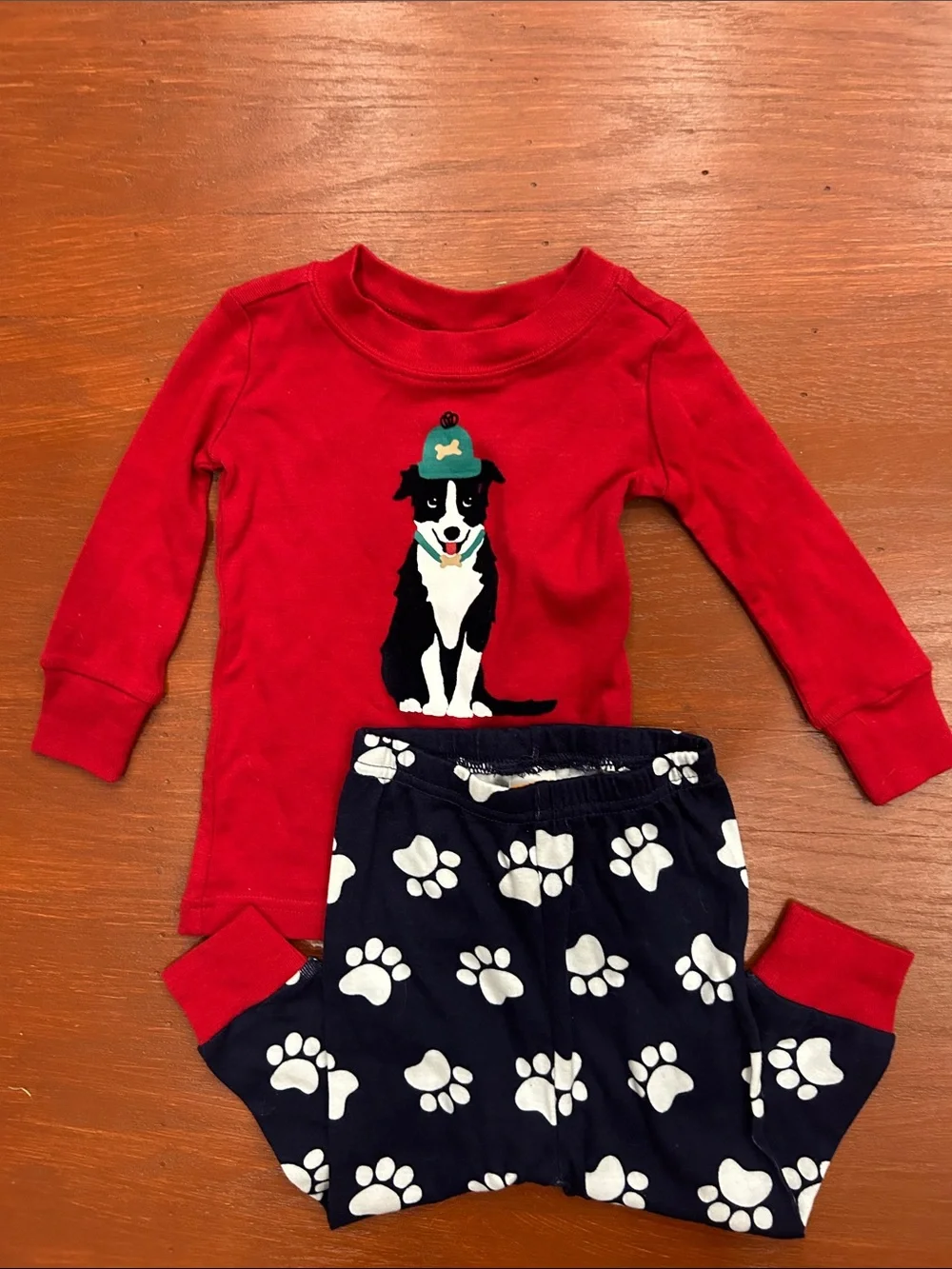 Gymboree Red Top with Navy and White Paw-Print Pants Pajama Set
